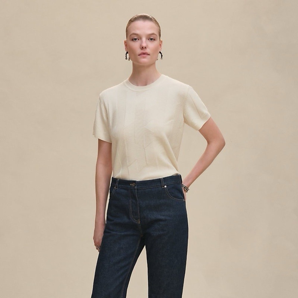 Hermes Women's 34 US 2 "H" Short Sleeve 100% Wool Knit Sweater Top Shirt - NEW